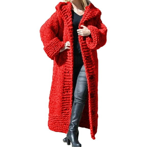 Women Hooded Open Front Cardigan Cable Knit Sweaters Winter Solid Color Chunky Button Long Sweater Coats Bright Red XXL