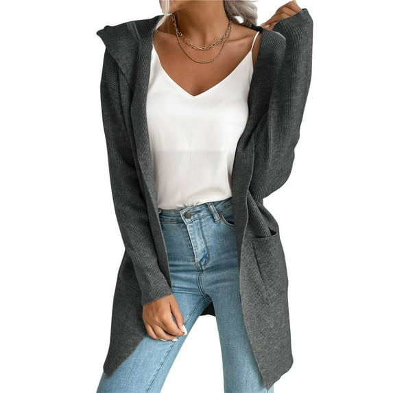 Women Hooded Open Front Long Sleeve Lapel Rib Knitted Winter Fall Sweater Cardigan Coat with Pocket Dark Gray S
