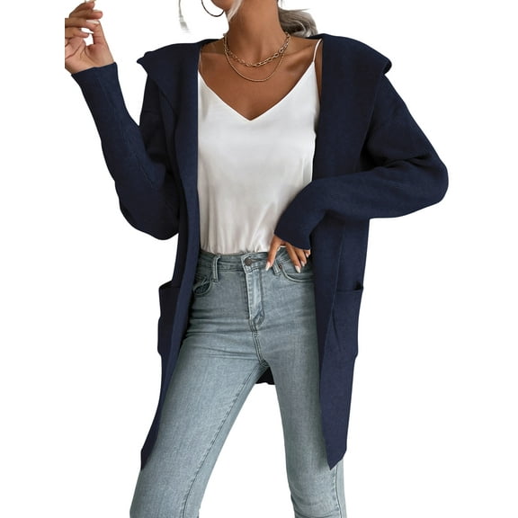 Women Hooded Open Front Long Sleeve Lapel Rib Knitted Winter Fall Sweater Cardigan Coat with Pocket Navy Blue M
