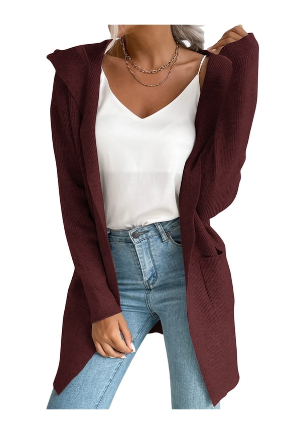 Women Hooded Open Front Long Sleeve Lapel Rib Knitted Winter Fall Sweater Cardigan Coat with Pocket Wine Red M