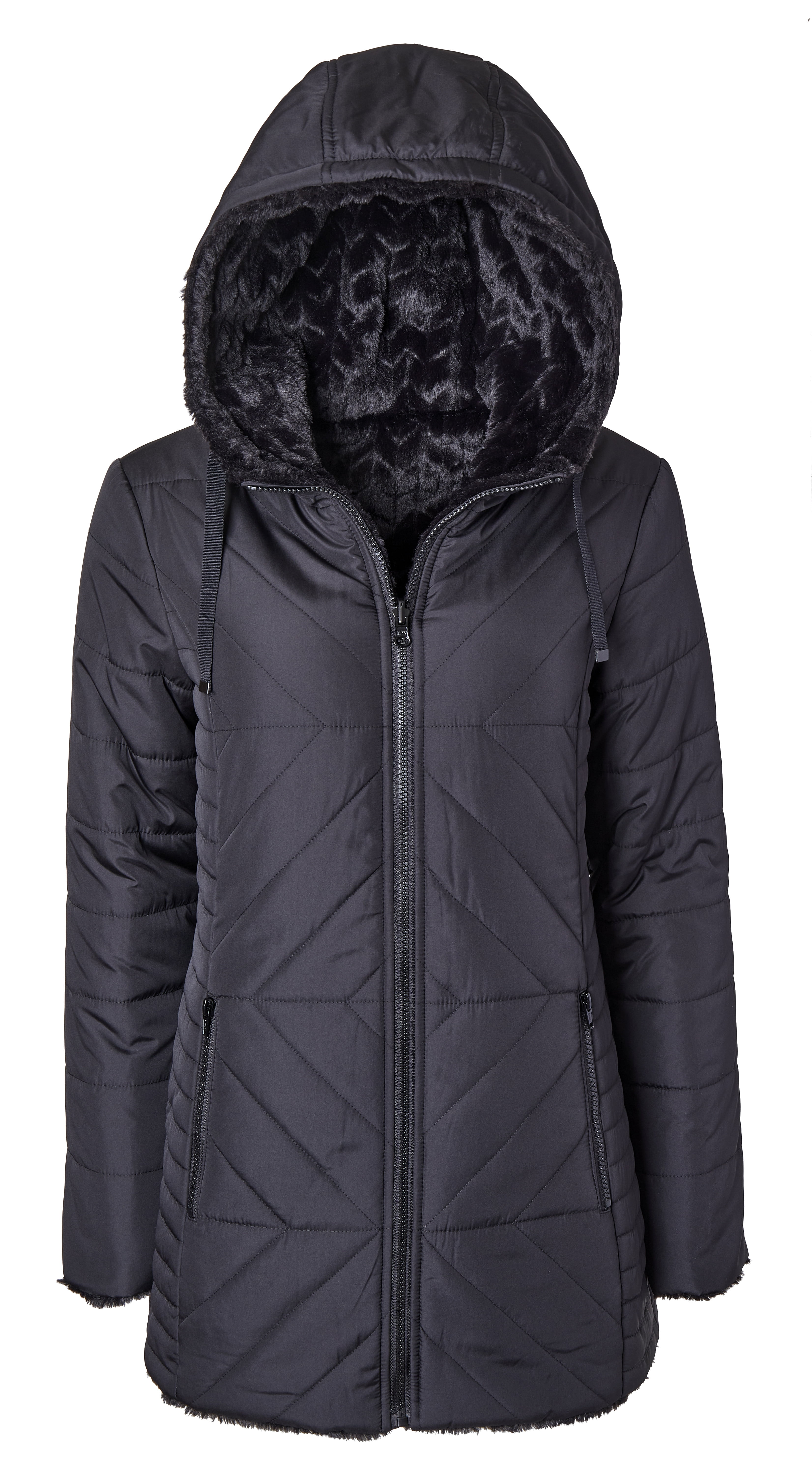 Women Hooded Puffer Jacket Reversible to Black Chevron Faux Fur
