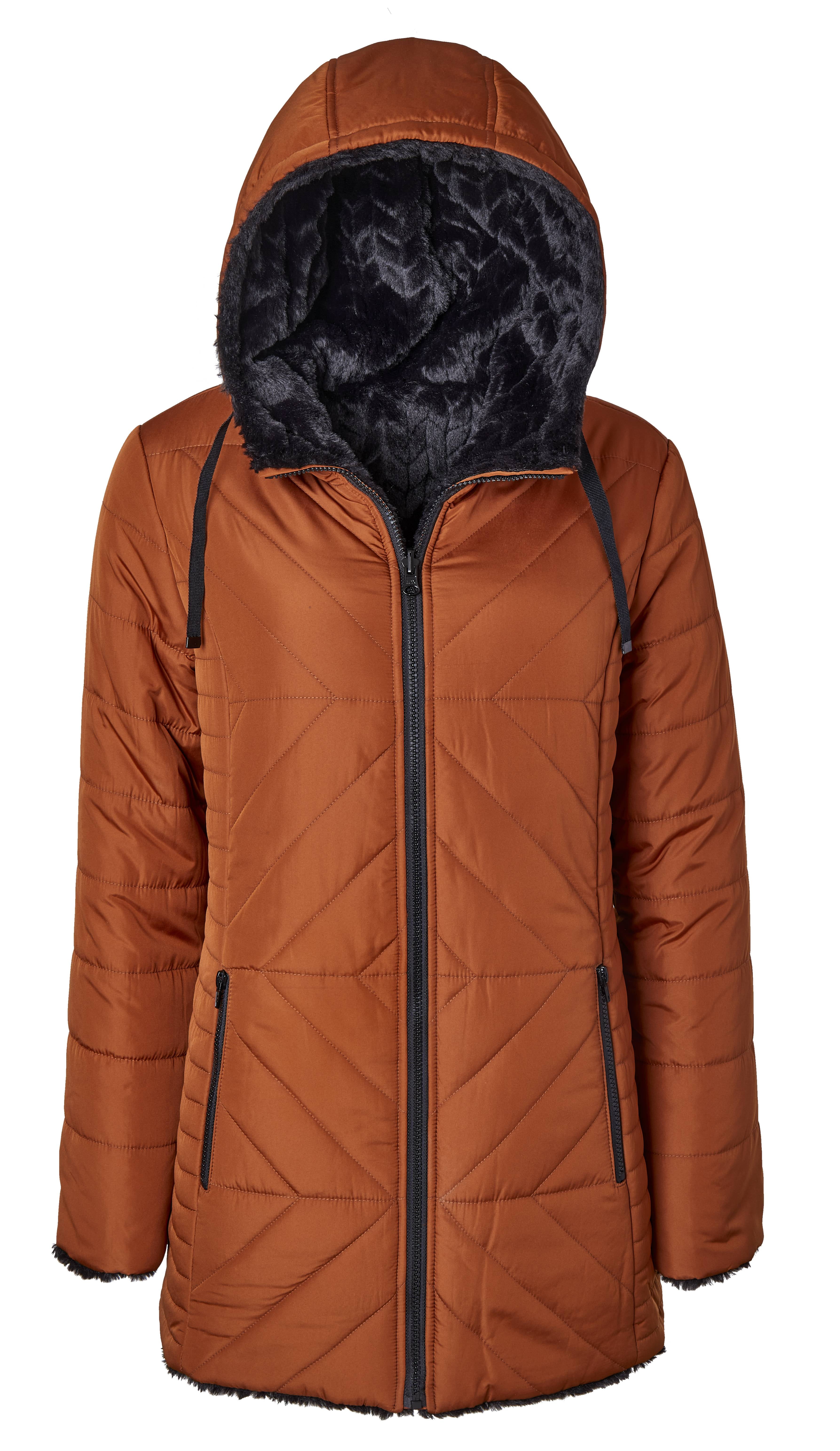 Women Hooded Puffer Jacket Reversible to Black Chevron Faux Fur Winter