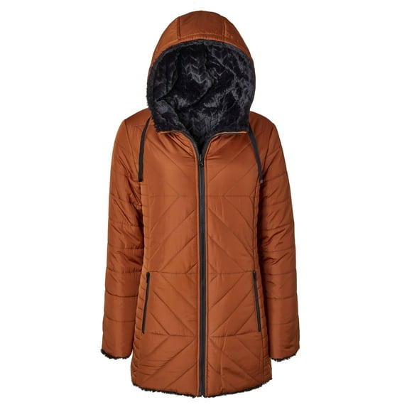 Women Hooded Puffer Jacket Reversible to Black Chevron Faux Fur Winter Coats - Rust (Medium)