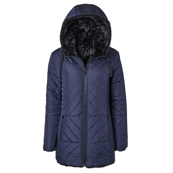 Women Hooded Puffer Jacket Reversible to Black Chevron Faux Fur Winter Coats - Stormy Night (Medium)