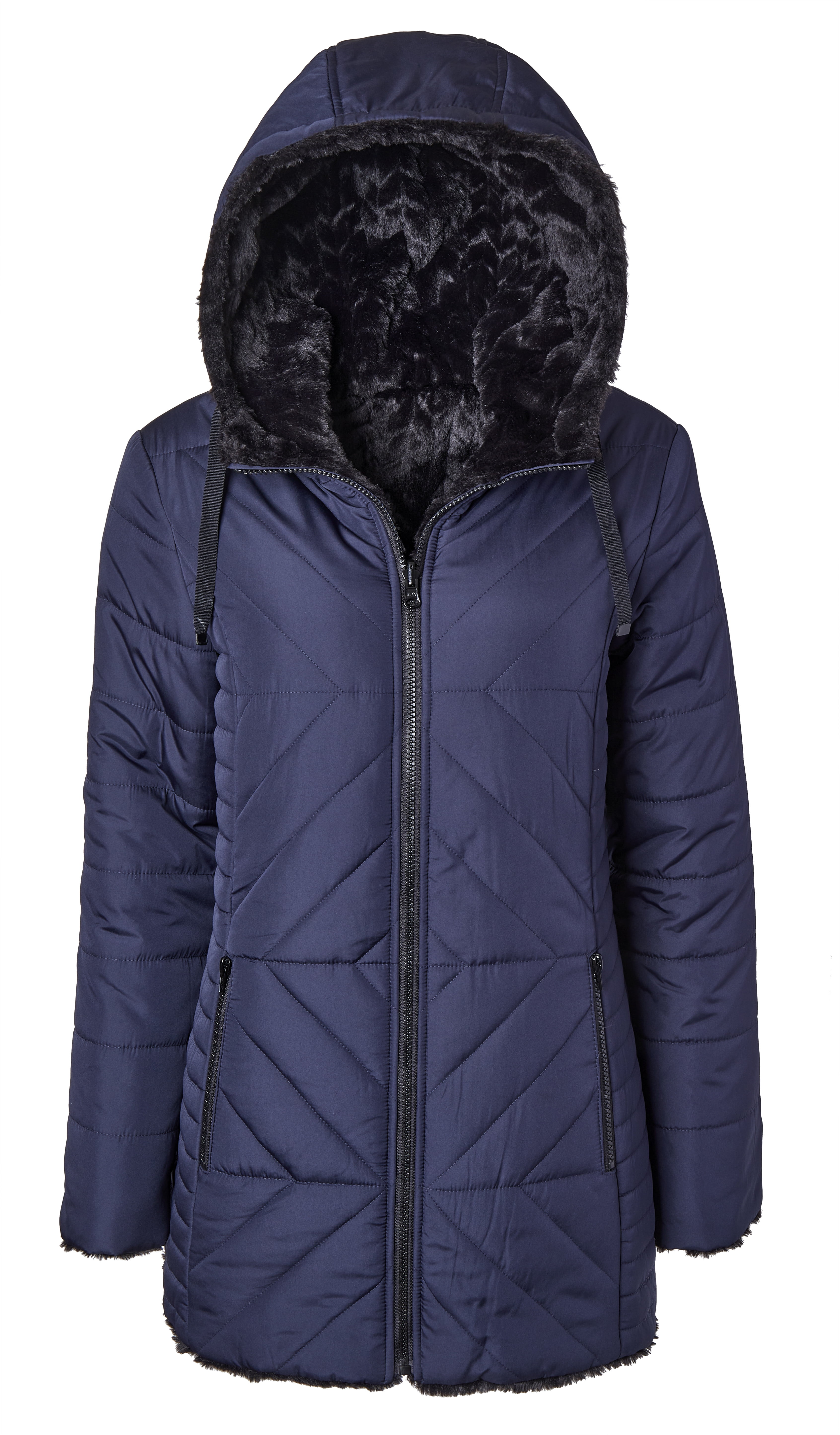 Women Hooded Puffer Jacket Reversible to Black Chevron Faux Fur Winter Coats Stormy Night Small Walmart