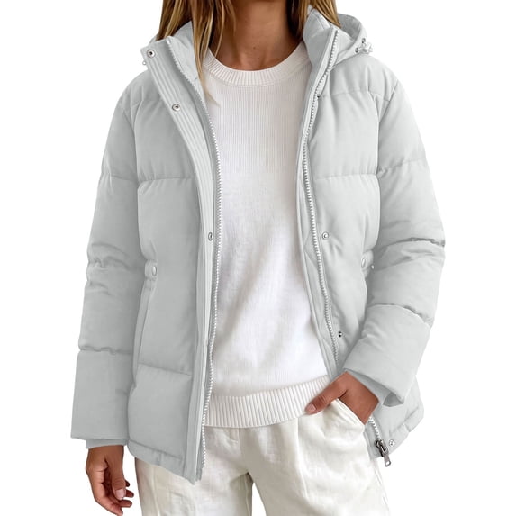 Women Hooded Puffer Jacket, Zip‑Snap Front Quilted Winter Outerwear ...