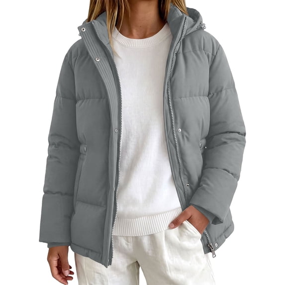 Women Hooded Puffer Jacket, Zip‑Snap Front Quilted Winter Outerwear ...