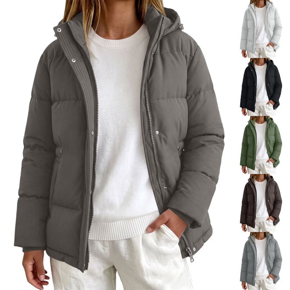 Women Hooded Puffer Jacket, Zip‑Snap Front Quilted Winter Outerwear, Long Sleeve Warm Loose Padded Outer Coat with Side Pockets for Cold Weather Daily Outdoor Activities Dark Gray L