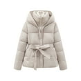 thumbnail image 1 of Women' Hooded Puffer Jackets Warm Stand Collar Down Coat Winter Clothing with Belt Beige M, 1 of 8