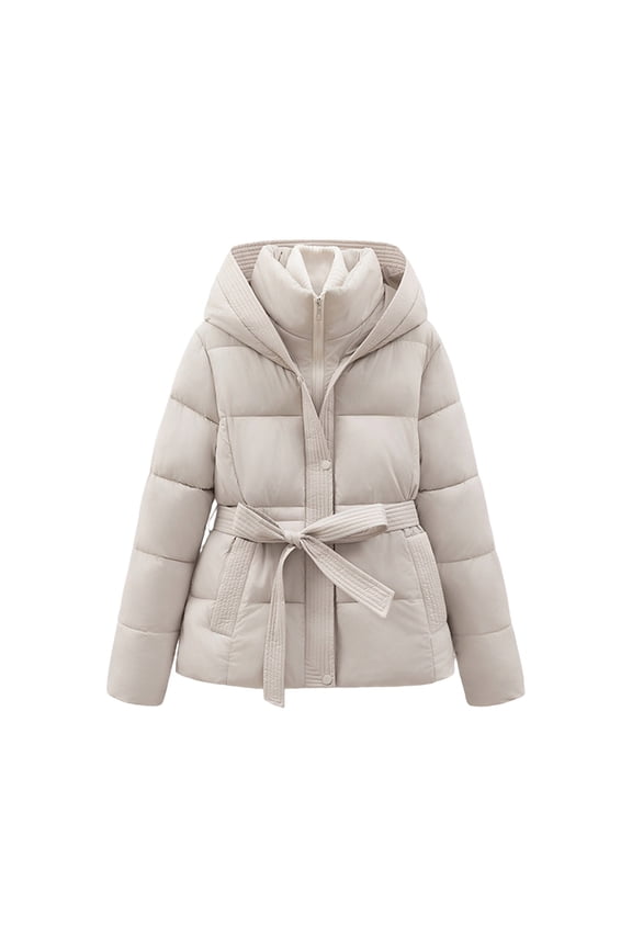 Women' Hooded Puffer Jackets Warm Stand Collar Down Coat Winter Clothing with Belt Beige XL