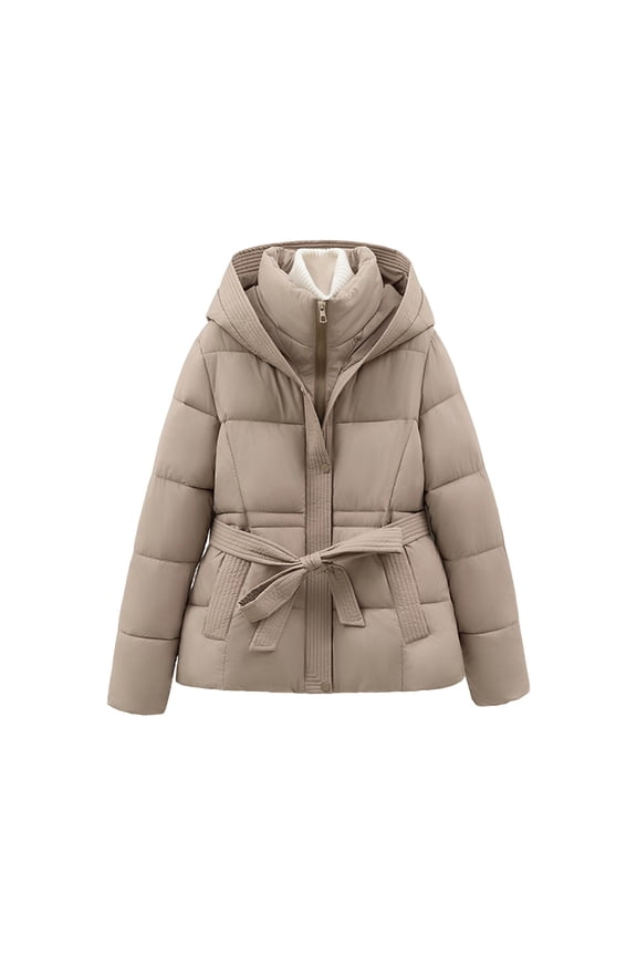 Women' Hooded Puffer Jackets Warm Stand Collar Down Coat Winter Clothing with Belt Khaki XL