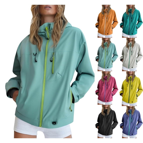 Women Hooded Rain Jacket Lightweight Zip Up Windbreaker Drawstring Waterproof Short Coat with Pockets for Outdoor Fall Travel