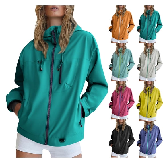 Women Hooded Rain Jacket Lightweight Zip Up Windbreaker Drawstring Waterproof Short Coat with Pockets for Outdoor Fall Travel