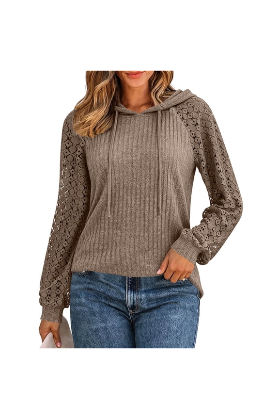Women Hooded Ribbed Pullover Tops, Raglan Long Hollow Lace Crochet Sleeves Drawstring Casual Sweatshirt For Daily Casual Wear Brown,S