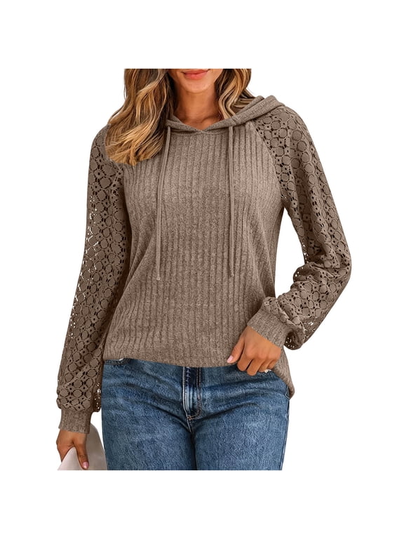 Women Hooded Ribbed Pullover Tops, Raglan Long Hollow Lace Crochet Sleeves Drawstring Casual Sweatshirt For Daily Casual Wear Brown,XXL