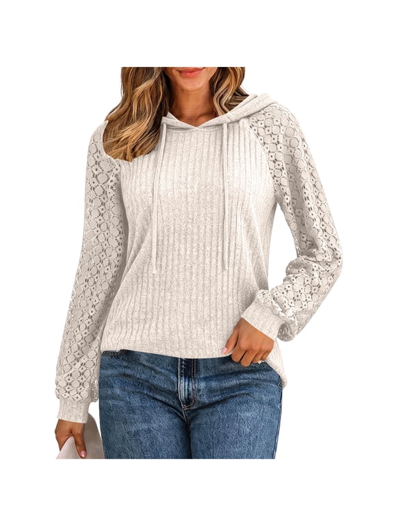 Women Hooded Ribbed Pullover Tops, Raglan Long Hollow Lace Crochet Sleeves Drawstring Casual Sweatshirt For Daily Casual Wear Khaki,L