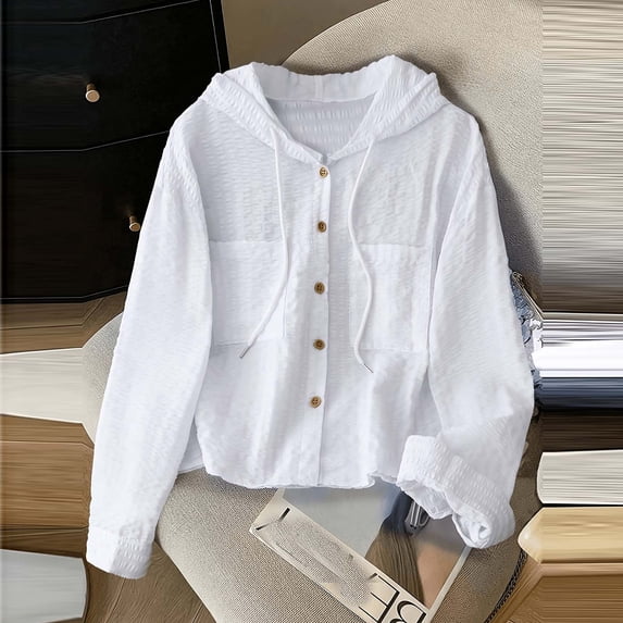 Women Hooded Shirt Jacket Textured Button Front Long Sleeve Loose Fitting Casual Sun Protection Blouse with Chest Pockets White M