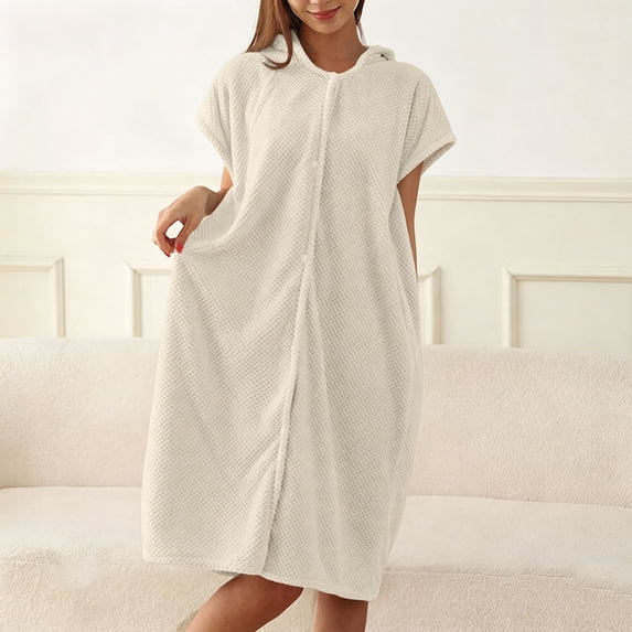 Women Hooded Short Sleeve Bath Robe Snap Front Absorbent Shower Wrap Bathrobe Loose Cozy Spa Loungewear Beige One Size