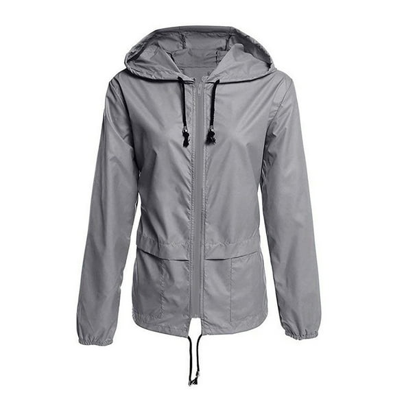 Women Hooded Solid Long Sleeve Pocket Coat Loose Waterproof Splicing Windbreaker