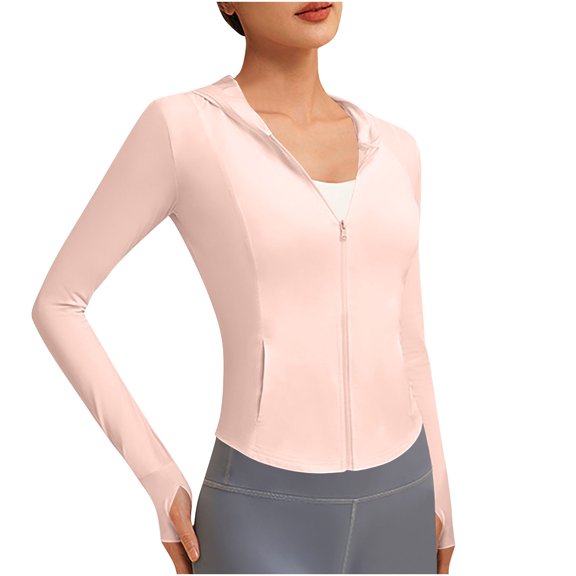 Women Hooded Sun Protection Shirt Solid Color Cooling Summer Slimming Long Sleeve Curved Hem Jackets with Zip Up