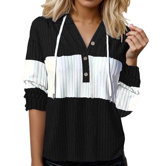Women Hooded Sweaters Fall Long Sleeve Button V-Neck Ribbed Knit Pullover Shirts Color Block Casual Trendy Cozy Warm Blouses