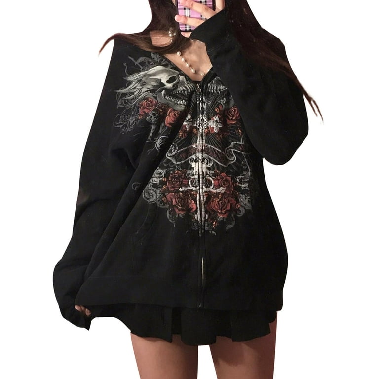Women Hooded Sweatshirt E girl Gothic Grunge Skull Print Sweatshirts Vintage Dark Academia Harajuku Zip Up Hoodies Autunm Spring Y2K Aesthetic Coat