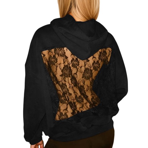 Women Hooded Sweatshirt Hollow Mesh Backless Fishnet Hoodie with Pocket Sequin See Fishnet Mesh Back Pullover for