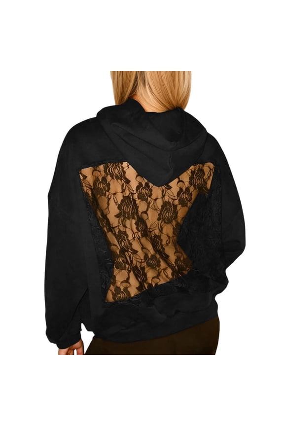 Women Hooded Sweatshirt Hollow Mesh Backless Fishnet Hoodie with Pocket Sequin See Fishnet Mesh Back Pullover for