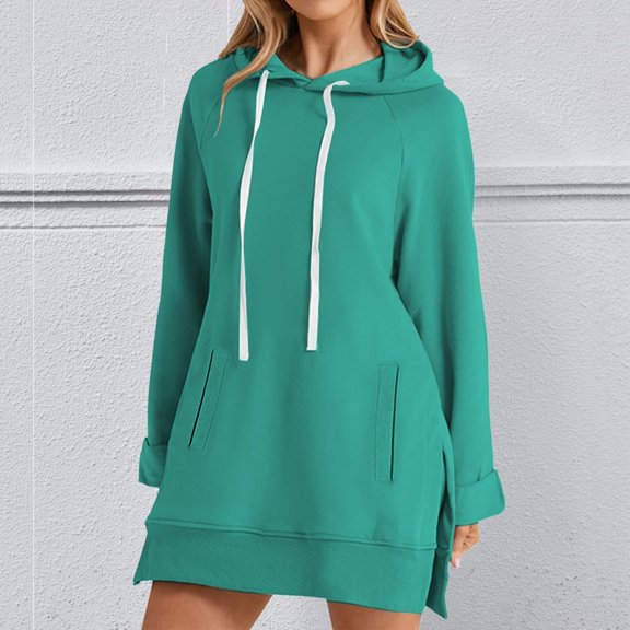 Women Hooded Sweatshirts, Women's Fashion Solid Color Long Sleeve Drawstring Blouse, Round Neck Casual Tops with Hood and Kangaroo Pocket, Gradient Color Design for Home and Daily Use