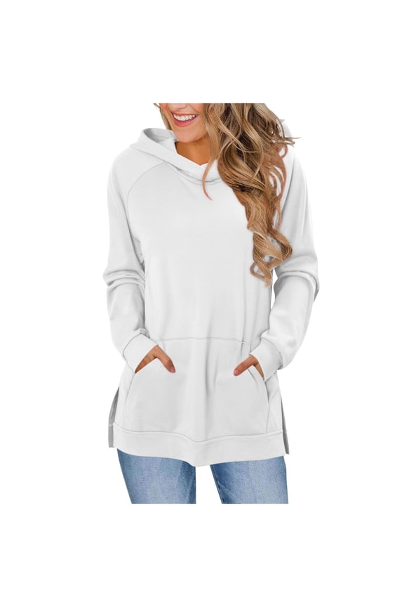 Women Hooded Tunic Tops Split Long Sleeve Hoodie Shirt Turtleneck Trendy Lightweight Pullover Sweaters with Pockets