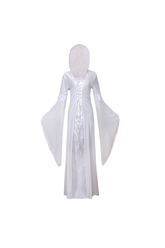 Women Hooded Witch Costume Dress, Gothic Velvet Long Robe with Flare Mesh Bell Sleeves, Lace Up Front Medieval Renaissance Cosplay Gown for Halloween Themed Party,White,M