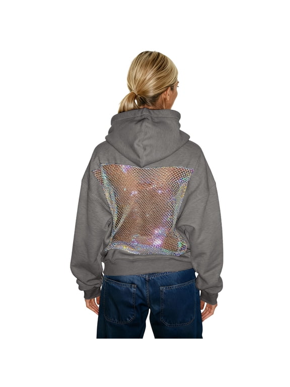 Women Hoodie Back See Through Sexy Mesh Fishnet Oversized Sweatshirt Backless Going Out Tops Grey M