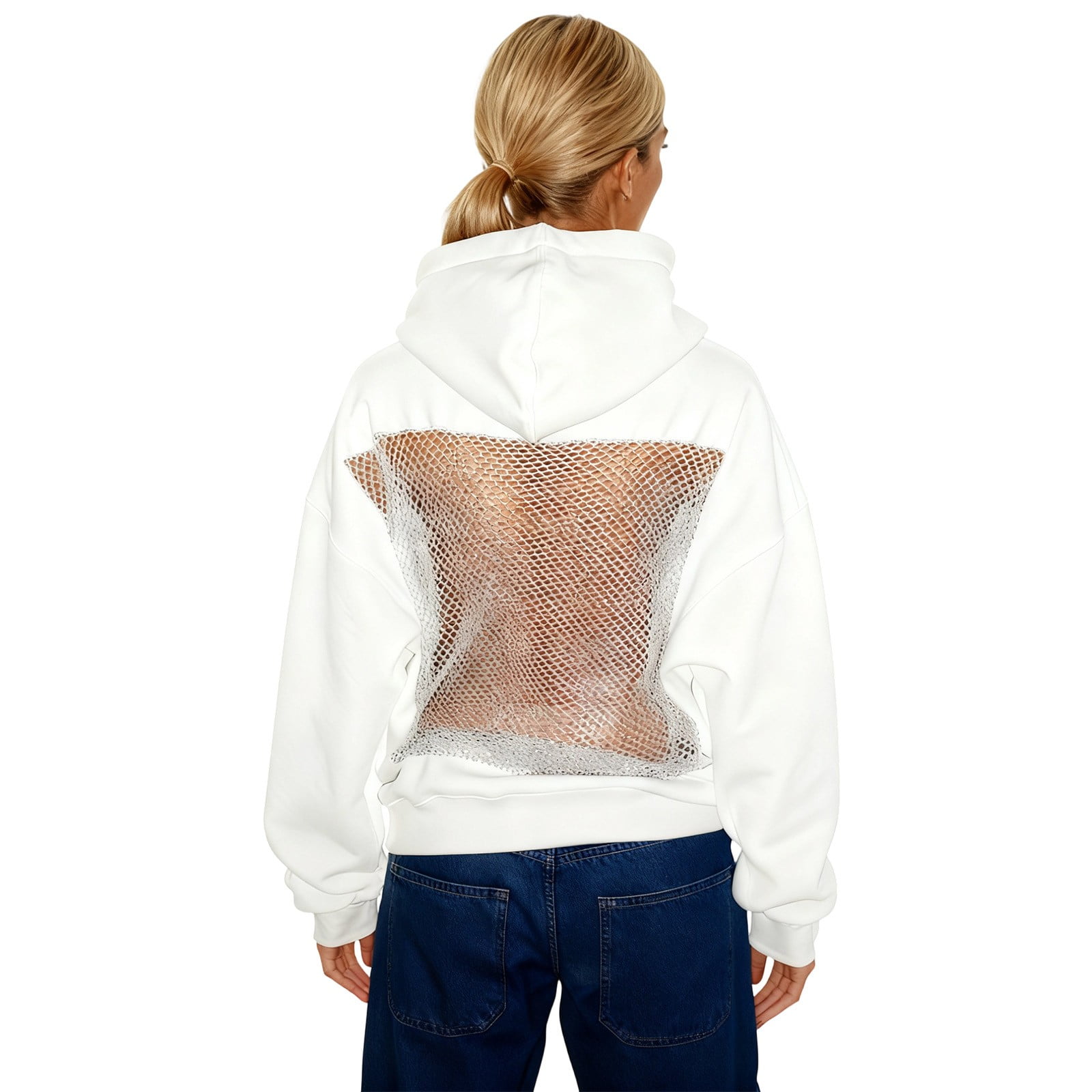 Women Hoodie Back See Through Sexy Mesh Fishnet Oversized