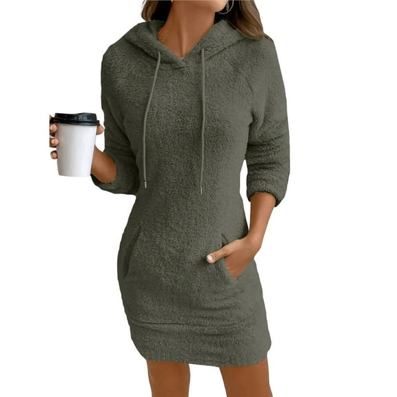 Women Hoodie Bodycon Dress Fuzzy Long Sleeve Pullover Sweatshirt Mini Dresses Green S