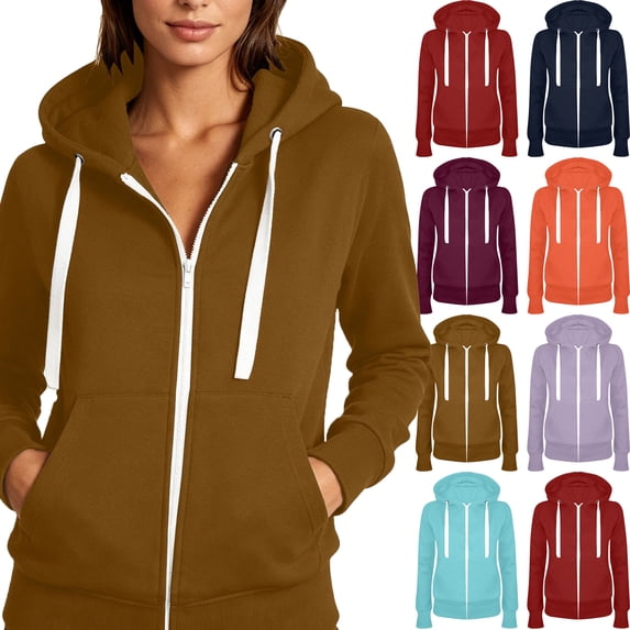 Women Hoodie Dqueduo Women's Casual Hooded Slim Zip Fleece Sweater Coat – Fashion Winter Outwear Brown XXL