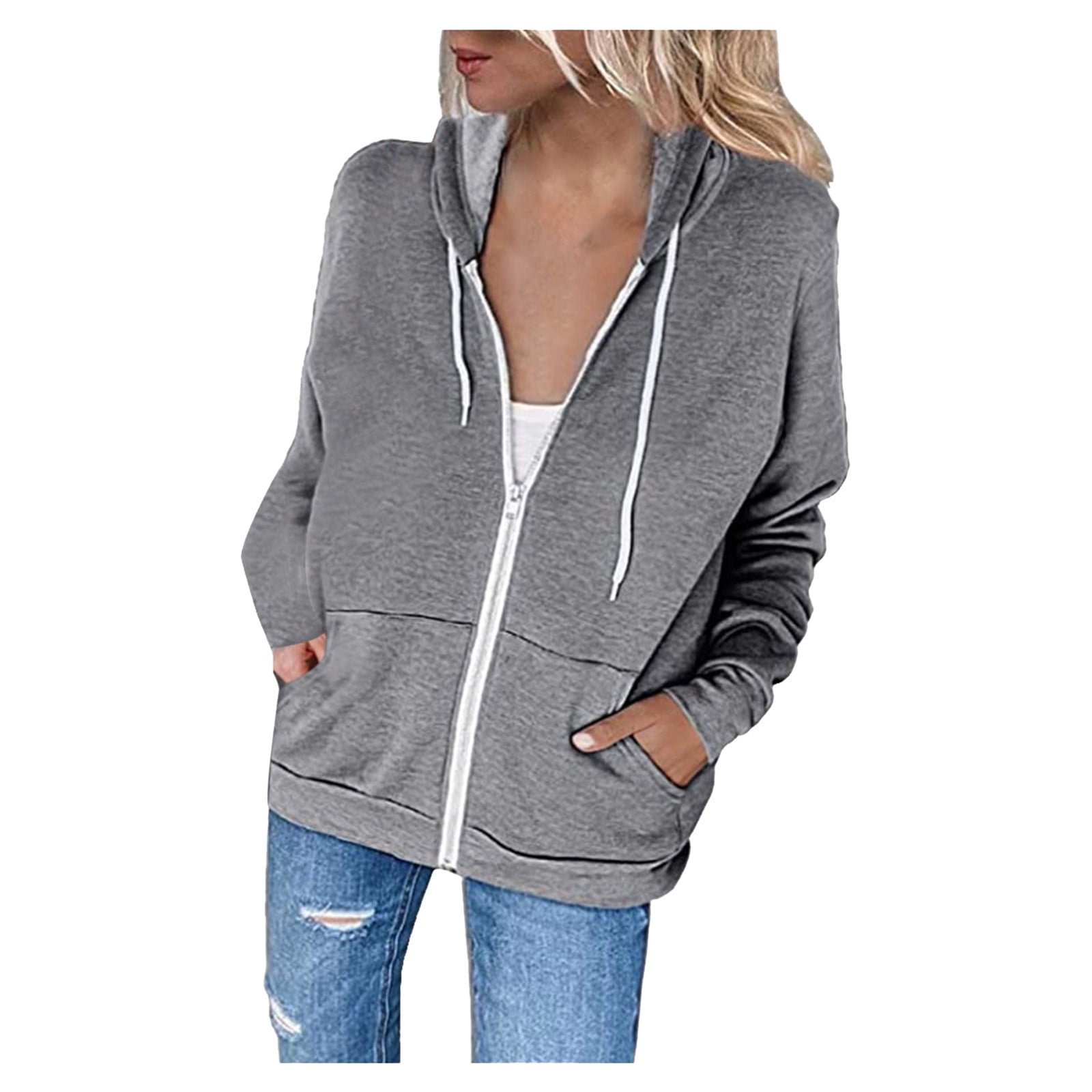 Women Hoodie Full Zip Long Sleeve Lightweight Sweatshirts Pockets ...