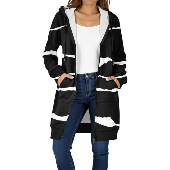 Women Hoodie Jacket Long Coat Floral Print Zip Up Hooded Cardigan Winter Warm Casual Outerwear with Pockets