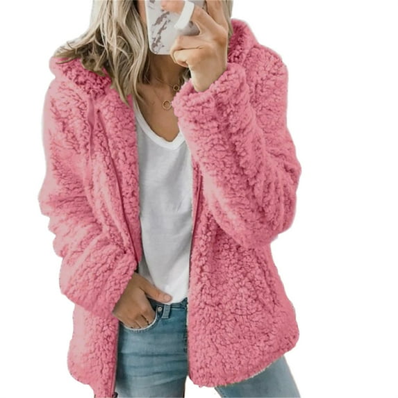 Women Hoodie Jacket Long Sleeve Zipper Sweatshirt Fluffy Fleece Coat Cardigan Hooded Sweatshirt Outwear