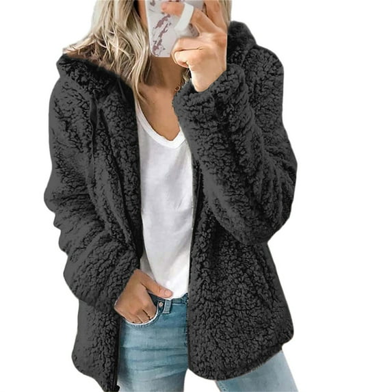 Women Hoodie Jacket Long Sleeve Zipper Sweatshirt Fluffy Fleece Coat Cardigan Hooded Sweatshirt Outwear