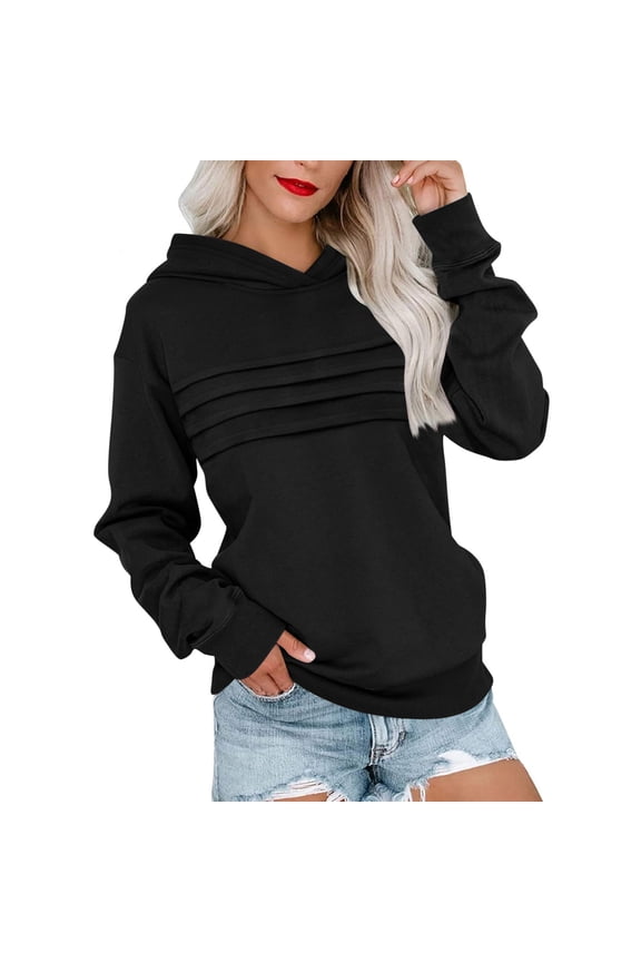 Women Hoodie, Long Sleeve Pleated Chest Pullover Sweatshirt, Solid Regular Fit Hooded Casual Top, All Season Everyday Commute and Leisure Wear for Women