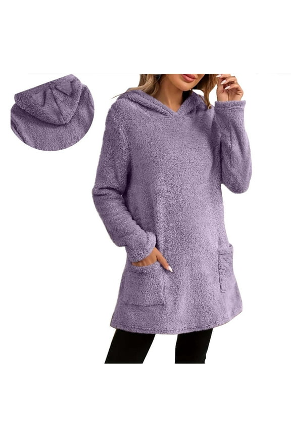 Women Hoodie Loungewear Double Fleece Tops Ears Hooded Pajama Shearling Warm Homewear Long Sleeve Pullover Solid Clothing Winter Fashion Outfits Casual Comfy Top Shirts