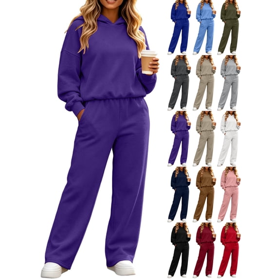 Women Hoodie Sets 2 Piece Outfits,Long sleeves Hoodie,High Waist Wide Leg Sweatpants,with Pockets,Solid Color Casual Sets,Fall Tracksuit,Spring Casual Outfits
