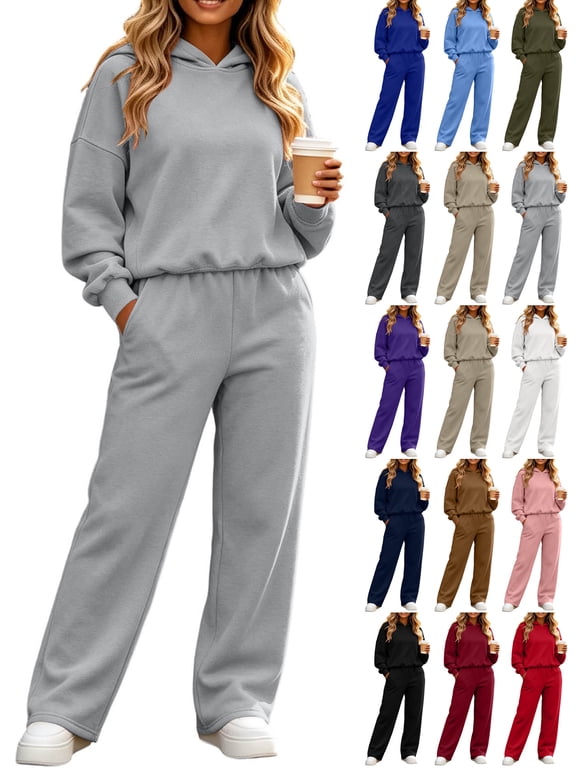 Women Hoodie Sets 2 Piece Outfits,Long sleeves Hoodie,High Waist Wide Leg Sweatpants,with Pockets,Solid Color Casual Sets,Fall Tracksuit,Spring Casual Outfits