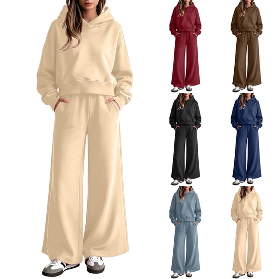 Women Hoodie Sets 2 Piece Outfits,Long sleeves Sweatshirts,High Waist Wide Leg Pants with Pockets,Solid Color Casual Sets,Fall Tracksuit,Spring Casual Outfits