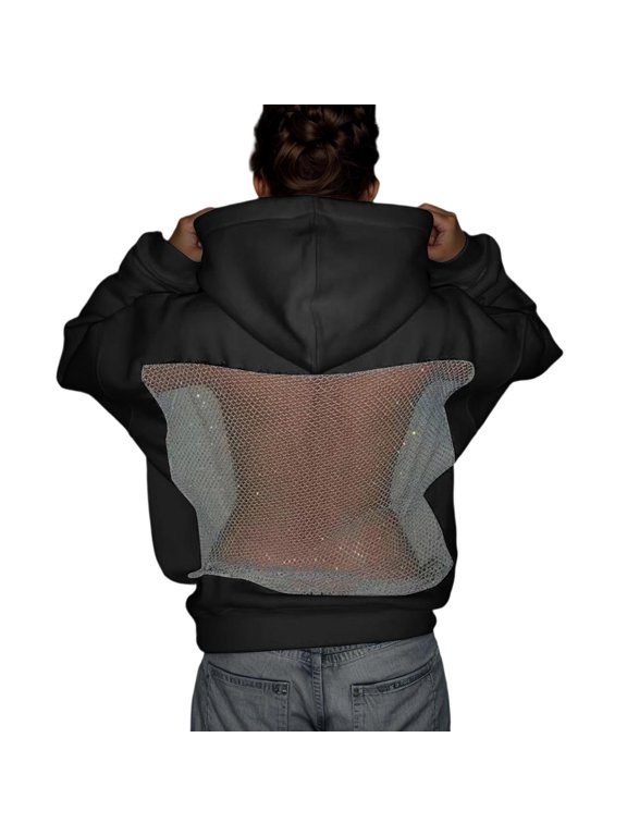 Women Hoodie Sweatshirt Backless Fishnet Hoodie Sequin See Fishnet Mesh Y2K Oversized Pullover with Pocket