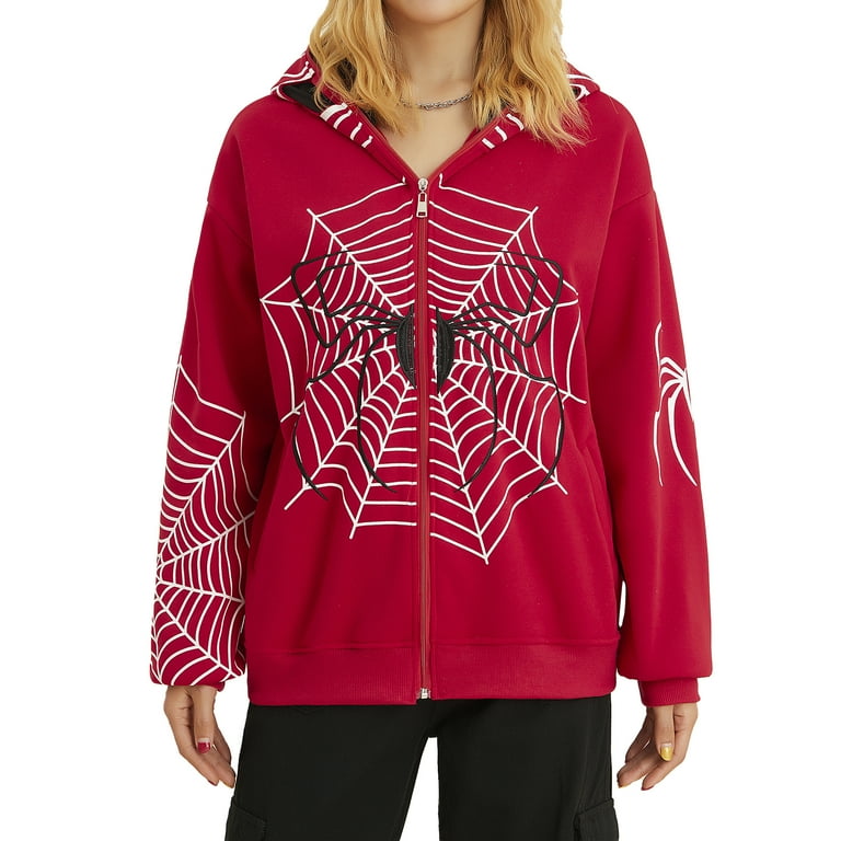 Women Hoodie Sweatshirt Casual Spider Web Print Long Sleeve Zip Up