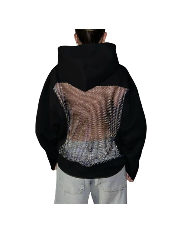 Women Hoodie Sweatshirt Fashion Sexy Backless Fishnet Hoodie Sequin See Fishnet Mesh Pullover with Pocket Soft Cute Y2K Daily Travel Party Outfits