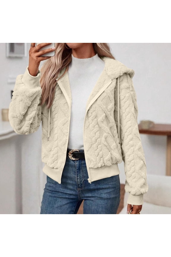 Women Hoodie Teddy Fleece Winter Coats Cardigan Full Zip Up Hooded Long Sleeve Warm Coat Sherpa Outwear Ladies Fuzzy Solid Tops Beige XL