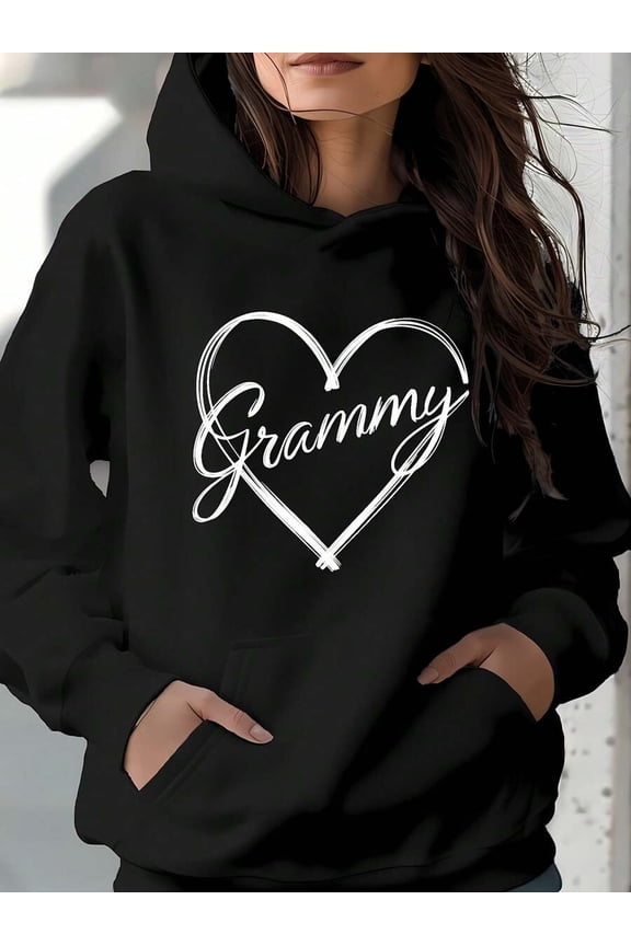 Women Hoodie With White Heart And "Grammy" Text, Women Plus Size, Long-Sleeve Hooded Style, Sweet Design, Ideal For Autumn/Winter, Grandma Casual Wear, Comfortable For Family Time Or Daily Use.