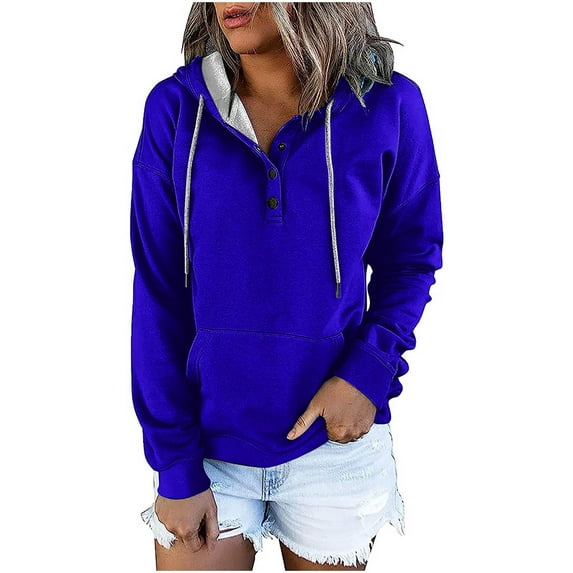 Women Hoodie pstuiky Sweatshirt for Women, Women Casual Hoodie Long-Sleeved Drawstring Lightweight Hoodie Sweatshirt Button Loose Pullover Top with Pockets Leisure Blue XL